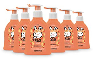 sanosan Shampoo Pfirsich für Kinder & Babys 6x 200 ml - Haarshampoo mit Bio Olivenextrakt & Milchprotein - Haarpflege, Haar Shampoo für Kind & Baby