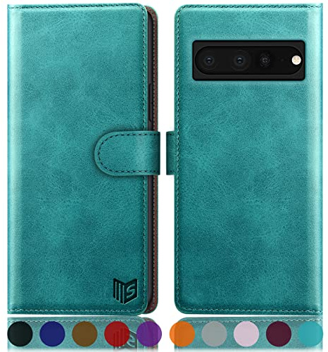 SUANPOT [RFID Schutz] für Google Pixel 7 Pro 5G Hülle PU Leder Handyhülle Lederhülle Klapphülle Kartenfach Flip Cover für Pixel 7 Pro Handy hülle leather wallet Phone Case Blau Grün