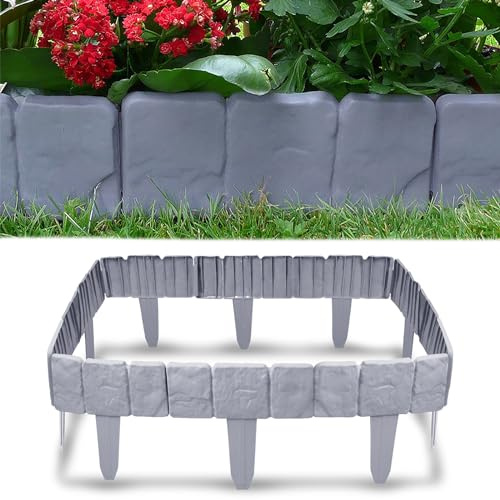 YUENFONG Bordo per prato effetto pietra in plastica, 40 pezzi, bordo per aiuole, bordo per giardino, palizzata, recinzione da giardino, 10 m, grigio