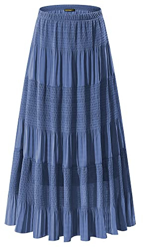 NASHALYLY Damers sommarkjol elastisk midja chiffong retro maxi lång veckad kjol enfärgad solid, Beja Blue, M