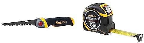 STANLEY FATMAX Scie pour Usage Général - Découpe du Plâtre - 8 Dents/Pouce - Denture Triple Biseaux - 3 Angles de Blocage & Mesure Auto Lock 8 M x 32 mm - Ruban Large - Traitement Mylar et Blade Armor
