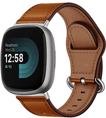 MiRowy Leder Armband Kompatibel mit Fitbit Versa 4/Versa 3 / Fitbit Sense 2/Sense, Uhrenarmband für Damen Herren, Premium Lederband Ersatzband, Braun
