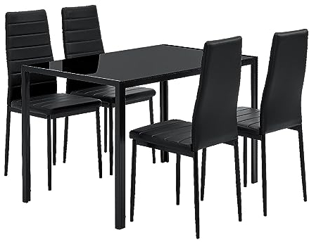 Juskys Esstisch Dalya (120 x 70 cm) mit 4 gepolsterten Stühlen, Tischplatte aus robustem Glas, Gestell aus Stahl, Bezug aus strapazierfähigem Kunstleder - Für Esszimmer und Küche