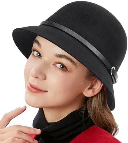HilyBony Chapeau cloche vintage années 1920 avec nœud pour femme - Chapeau cloche en feutre de laine pour l'hiver, Noir avec ceinture., M