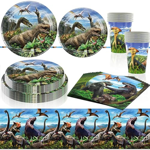 Dinosaurier Partygeschirr - 51 Teiliges Set Mit Pappteller, Tischdecke, Servietten, Tassen für 10 Portionen - Geeignet für Geburtstagsfeier im Jurassic Stil