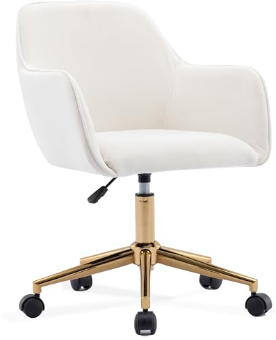 DEKKETO Elfenbein Samt Drehstuhl, Schminktisch Stuhl mit Rollen, Bequem Schminkstihl Bürostuhl Sessel mit Lehne, Höhenverstellbare Schreibtischstuhl mit Goldenem Sockel für Schlafzimmer, Waschtisch