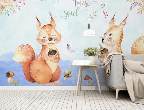 Fototapete Schlafzimmer Kinderzimmer 3D Tapeten 3D Effekt Wohnzimmer Einfaches Handbemaltes Niedliches Cartoon-Eichhörnchen Wandposter Xxl Waterfall Weiß Grau Blumen Wald Natur Mustertapete