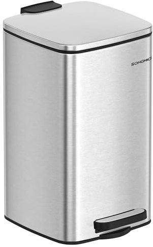 SONGMICS Kosmetikeimer, 8 Liter, Mülleimer Bad, kleiner Abfalleimer, Tretmülleimer, mit Pedal, für kleine Räume, mit Deckel, Softclose, Stahl, metallicsilber LTB591E02