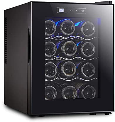 Suuim Enfriador de Vino de 12 Botellas Funcionamiento silencioso Compresor Bodega Encimera Independiente Enfriador de Vino Gabinete Refrigerador y Panel táctil Templado Digital