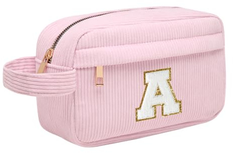 Neceser Maquillaje Mujer Personalizado Inicial, Bolsa de Cosméticos de Viaje, Gran Capacidad Neceser de Maquillaje de Pana, Regalo Cumpleaños Navidad para Mujeres Novias Mejores Amigas, Rosa A