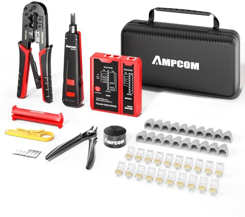AMPCOM Kit de pince à sertir Ethernet 10 en 1 RJ45/RJ11 Kit d'outils réseau avec testeur RJ45 pour connecteurs RJ45 Cat6/Cat5e/Cat5, incluant 110 outils de découpe et pince à dénuder, sac étanche