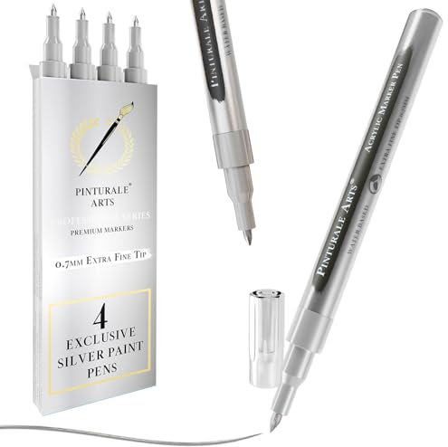 Pinturale Arts 4 Silver Paint Pen Fine Tip | Set 4 Silver Marker Pen | Extra Fine Tip 0,7mm | Paint Pens For Black Paper, Ceramics, Rock Painting, Glass, Wood, Canvas, Metal