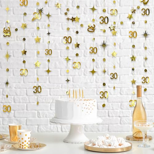 Decorazione dorata per il 30° compleanno Numero 30, cerchio, pois, ghirlanda stelle scintillanti, stelle filanti metalliche, bandierine, striscioni, sfondo compleanno