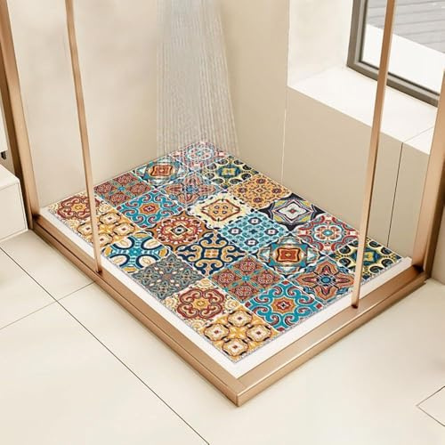 Surwin Bath Mat Non Slip Shower Mats, Moroccan Boho Style Anti Slip Bathtub Mat Quick Dry Soft Rubber Loofah Bathroom Mats for Inside Shower Bathroom Bath Tub Floor (40x60cm,Multi-coloured)