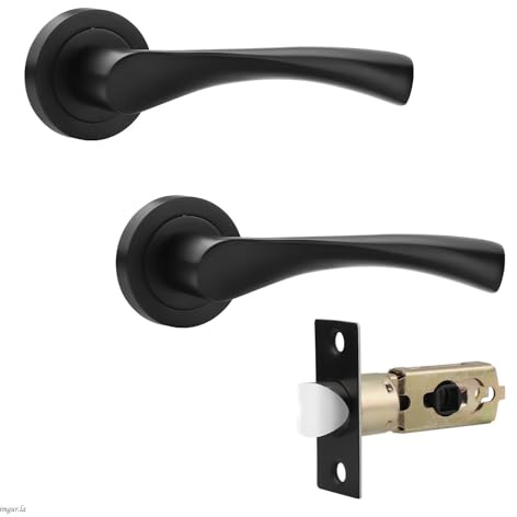Probrico Matte Black Round Rose Door Handles,Twisted Lever Internal Door Handles Set with Ajustbale Latch(45mm/57mm),Passage Handles Ideal for Interal Doors,2 Pack