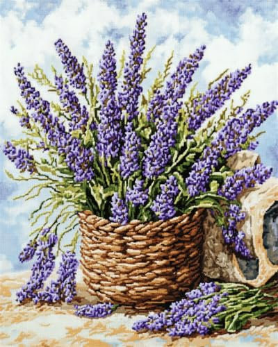 AYAOYANGGO 11CT Kreuzstich Set Stickset „Blumen Im Korb“，Lila Lavendelblüten，Kreuzstich-Set Für Erwachsene Mit Nadeln，Schereneinfädler，Vordruck Für Die Wanddekoration Zu Hause 40x50cm