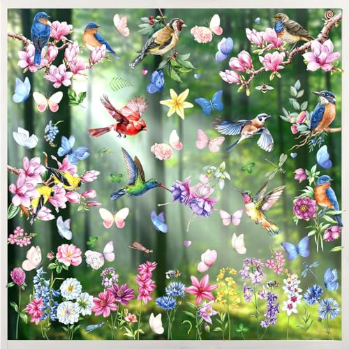 Fensterbilder Frühling Deko Selbstklebend - Vogel und Blumen, Kinderzimmerfenstersticker