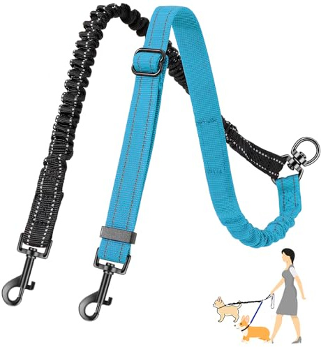 Eyein Doppelte Hundeleine, Verhedderungsfreie 360° drehbare Doppelleinen mit 2 Hunden, Verstellbare reflektierende Splitterleine für kleine Hunde, Blaugrün