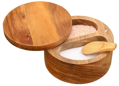 HillSpring Mehrzweck-Gewürzbox, Akazienholz Salz- und Pfefferstreuer mit Magnetischem Drehdeckel und Mini-Löffeln, 2-Fach-Behälter, Küchendeko, 12,1 cm