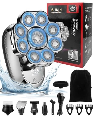 Rasoirs électriques améliorés pour homme, rasoirs rotatifs rechargeables 9D pour hommes chauves, kit 6 en 1, tondeuse à cheveux sans fil humide et sec avec écran LED, étanchéité IPX7, sac de rangement