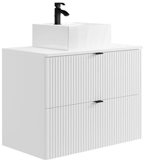 Vente-unique-Mueble de baño Flotante Estriado con Lavabo Cuadrado sobre encimera - Blanco - Ancho 80 cm - ZEVINI