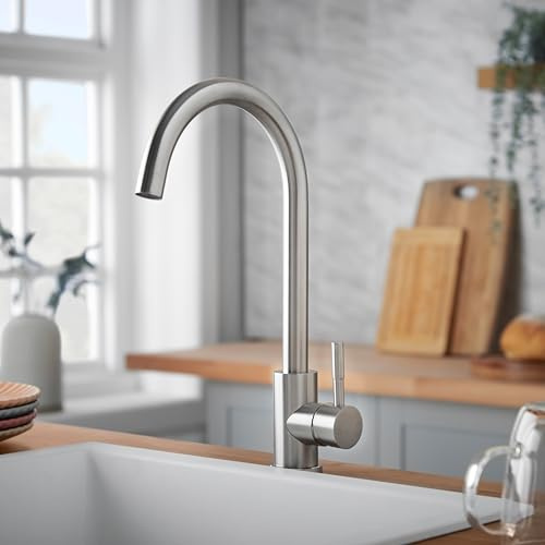 Deva Arc Kitchen Mixer Tap – Stainless Steel High Arc Single Lever Monobloc Sink Tap, 360° Swivel Spout Steel Mixer for Hot Cold Water, Kitchen Basin Mixer
