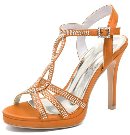KYEGLO Scarpe da Cerimonia da Donna in Raso con Punta Aperta, Strass, Tacco A Spillo E Cinturino alla Caviglia, Ideali per Matrimoni E Balli di Fine Anno,Arancia,38