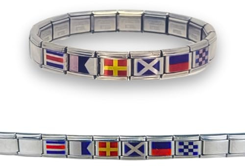 Feyma Pulsera Virgen del Carmen en Banderas Náuticas, Patrona de Marineros, Eslabones de Acero Inoxidable, Regalo Náutico