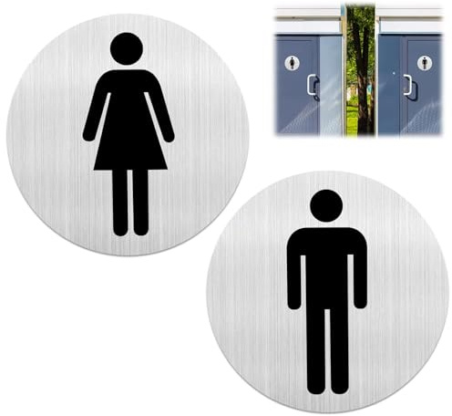 2 Pack Self-Adhesive Toilet Door Sign Men's and Women's WC Sign,10cm x 10cm | Brushed Aluminium Sex Symbol Restroom Signs Round Gender Signs with Tape for Toilets Doors, Silver