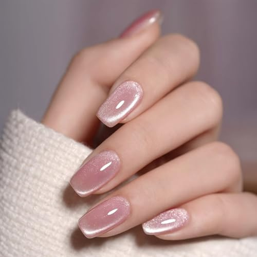 Glitzernde lila-pinke Katzenauge-Kurz-Kunstnägel,Kurze glänzende Nude-Pink-und Glitzer-Katzenauge-Maniküre-Kunstnägel,Süße Quadratische Künstliche Nägel,Bequeme Passform,Zum Aufkleben, Langanhaltende