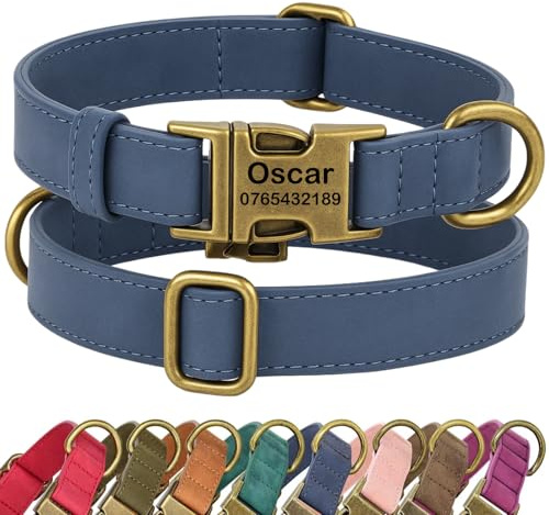 SEOUGEE Personalisiertes Hundehalsband mit graviertem Namen und Nummer, maßgefertigte weiche PU-Leder-Hundehalsbänder, verstellbare und haltbare Haustierhalsbänder mit Schnellverschluss-Metallschnalle