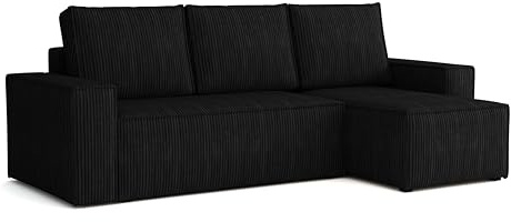 Ecksofa L Form Bergamo 240x142 cm mit Schlaffunktion und Bettkasten Couch Cord Schlafsofa Schlafcouch universale Seite klein Flur Sofa, 3 Sitzer Wohnlanschaft Cornersofa Bettsofa Kissen schwarz