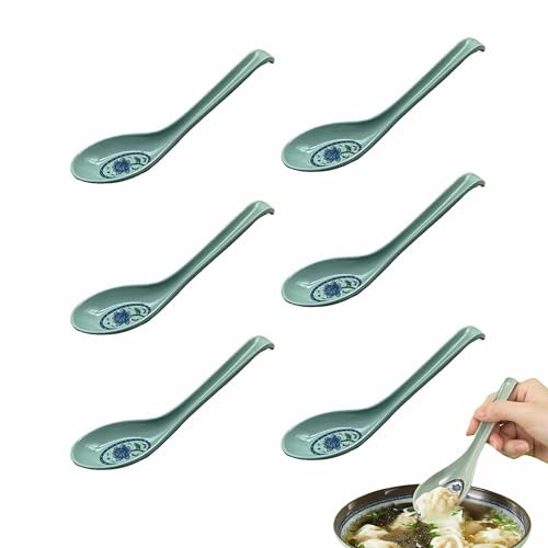 6PCS HYMC Sturdy Durable Asian Soup Spoon Set - Celadon-Style Blue Base Ramen Ladle, Dishwasher Safe & Easy to Clean