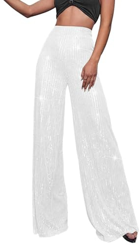 Generisch - Pantalones con lentejuelas para mujer, talle alto elástico, brillantes, con brillo, pantalones de campana, pantalones de lentejuelas, pierna ancha, verano, casual, extra largo, bootcut