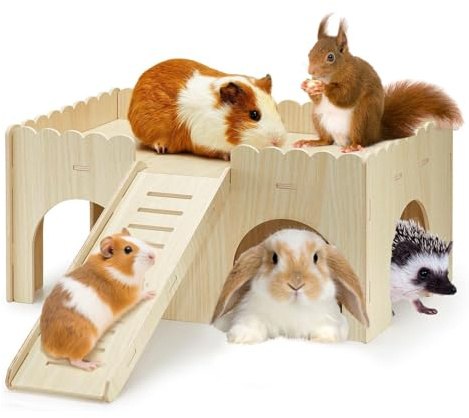 Groß Meerschweinchen Haus mit Abnehmbare Rampe, 38x25x18cm Holz Nagerhaus Hamster Versteck, Kleine Haustiere Spielzeug Zubehoer für Zwerghamster, Rennmäuse, Degus, Stachelmäuse, Kaninchen