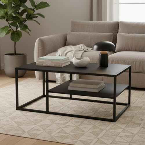 skølm Skadi Couchtisch aus Metall – Wohnzimmertisch mit 2 Ablagen – Beistelltisch in Schwarz – Sofatisch höhenverstellbar – Mitteltisch 45x100x60 cm (HxBxT) – eckiger Kaffeetisch mit Stauraum