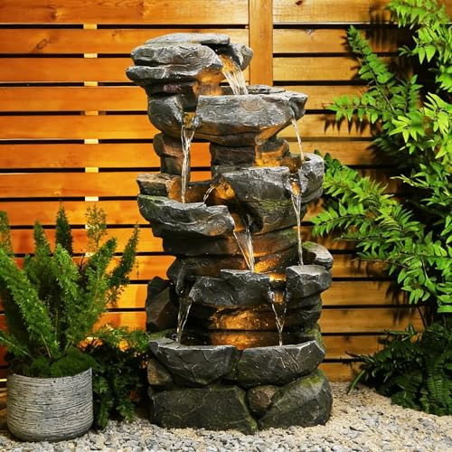 Bumilgar 106 cm großer Gartenbrunnen in Steinoptik mit LED-Beleuchtung – freistehender, mehrstufiger kaskadierender Harz-Springbrunnen für Garten, Terrasse, Eingangsbereich, Grau