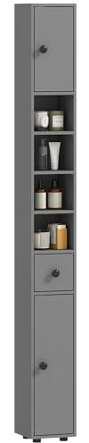 kleankin Badezimmerschrank schmal für kleine Räume 20 x 20 x 180 cm Grau | Hochschrank Toilettenschrank, Schublade, Verstellbar Ablage, 4 offenen Fächern, Badezimmer