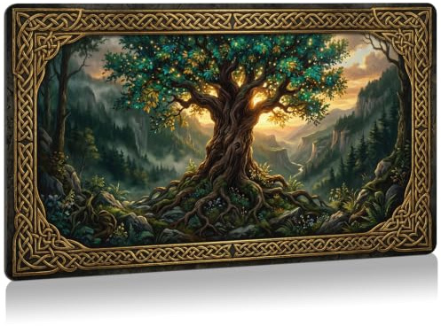 GLOBLELAND Tapis de jeu « Arbre de vie » - 61 x 35 cm - Tapis en caoutchouc antidérapant - Avec motif forêt - Convient pour les jeux de cartes à collectionner, clavier et souris
