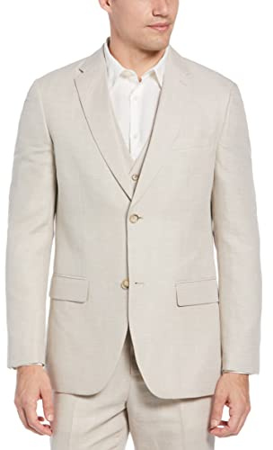 Perry Ellis Men's Linen-Blend Suit Jacket, Breathable Single Breasted Blazer, Regular Fit, with Chest Pocket (Sizes 36-54), 42, Natural Linen Herringbone