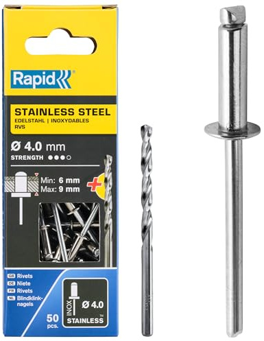 Rapid Blindnitar rostfritt stål Ø 4 mm, 6–9 mm klämområde, 50 st. V2A nitar, set inklusive borr, för blindnitstänger