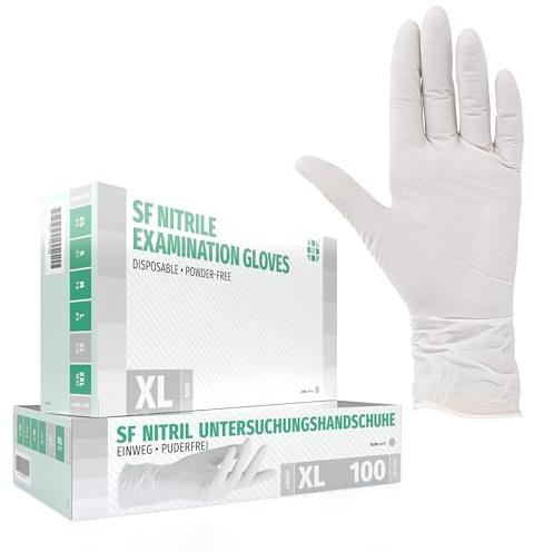 SF Guantes de nitrilo XL blancos – 100 unidades, guantes desechables sin polvo, sin látex, médicos y de examen, aptos para cocina, limpieza, cosmética y uso doméstico