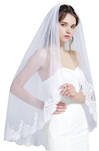BEAUTELICATE Schleier Braut Brautschleier Softtüll Mantilla Mit Spitze Schleier für Hochzeit Weiß Ivory Lang Fingerlänge 1 Schicht V68 (Weiß - Klassischer Stil: 100cm)