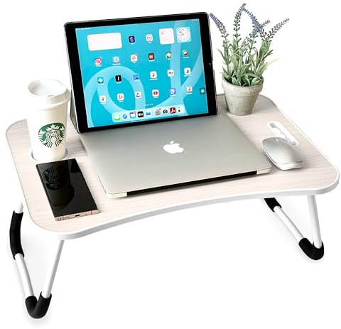 unycos - Betttablett Klappbar, Frühstückstablett mit Griff und Getränkehalter, Serviertisch, Ideal für Lesen und Arbeiten, Auch als Lapdesk Verwendbar 60x40x26 cm (Knochenweiß ohne Schublade)