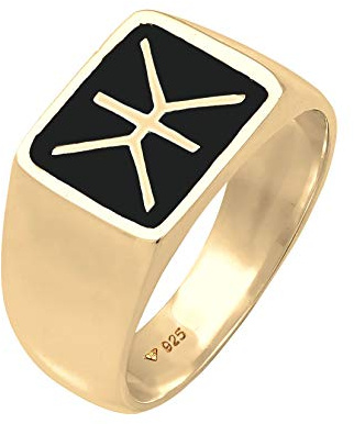 Kuzzoi Siegelring Herrenring massiver Ring (14 mm) Herren 925 Silber | vergoldet Edles Emaille Logo schwarz Goldener Ring für Männer in der Ringgröße 60 - 66