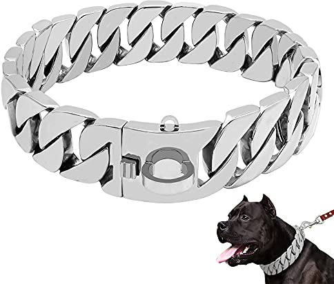 LINGYUN Goldkette Hundehalsband Hochleistungs-Choke Kubanische Hundekette für Große Hunde, 30 Mm Breite, Hundehalsband, Starke Stahlmetallglieder für Große Rassen,Silber,55CM/21.5in
