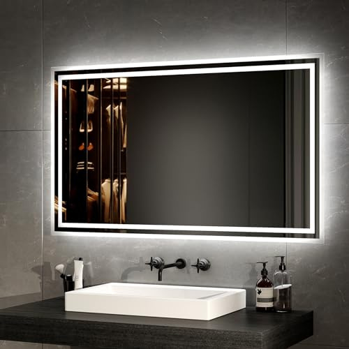 EMKE LED Badspiegel mit Beleuchtung 100x60cm, Anti-Beschlag-Funktion | Badezimmerspiegel mit Tastschalter, warmweißes und kaltweißes Licht, IP44 Schutz, moderner Wandspiegel