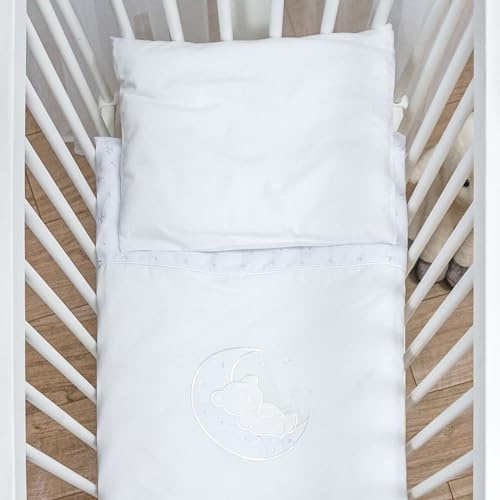Baby Comfort 4-teiliges Bettwäsche-Set für Babybett, 80 x 70 cm, mit Kissen und Kissenbezug, Mond-Weiß (12 Monate+)