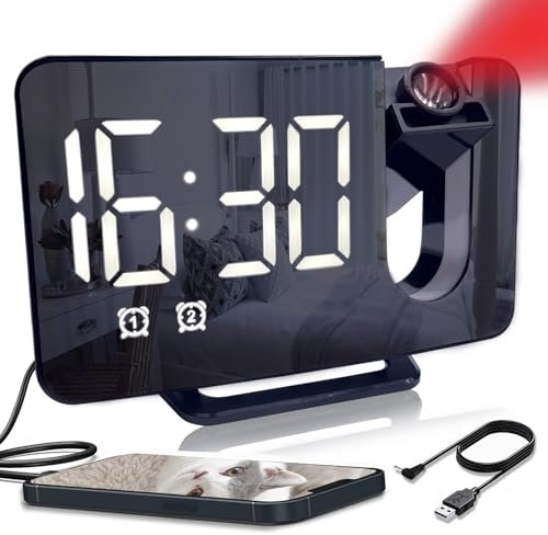 WanderGo Projection Alarm Clock, 180° Rotatable LED Projector Clock, USB Dab Radio Alarm Clock with Snooze Function, 3-Level Dimmer Projection Clocks for Bedrooms for Heavy Sleepers