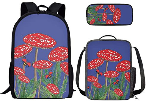 Binienty Kids Fashion Print Rucksack für Mädchen Schule Büchertasche für elementare 3 in 1 Schulranzen Sets mit Lunch Tote Bleistifttasche, Pilz-5, Einheitsgröße